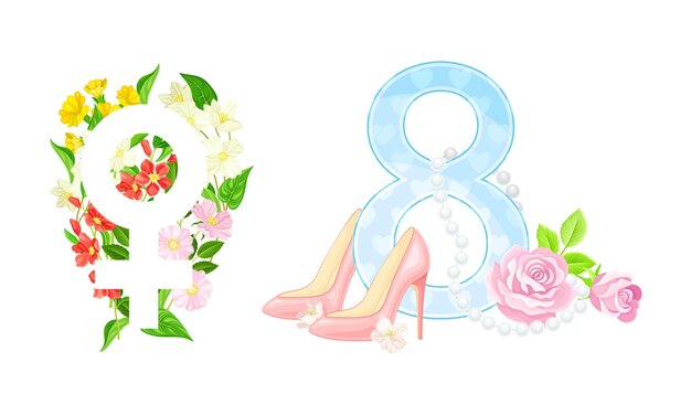 Set de diseño de tarjetas del Día Internacional de la Mujer del 8 de marzo Número 8 con ramo de flores de primavera, zapato de tacón alto e ilustración vectorial de signo femenino de género