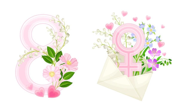 Set de diseño de tarjetas del Día Internacional de la Mujer del 8 de marzo Número 8 y signo femenino de género con ilustración vectorial de flores de primavera