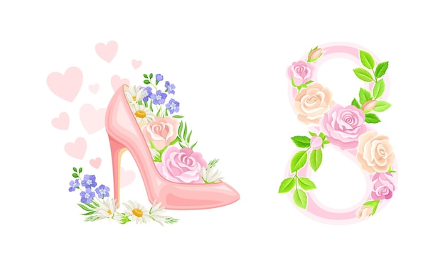 Set de diseño de tarjetas del Día Internacional de la Mujer del 8 de marzo Número 8 y zapato de tacón alto con ilustración vectorial de flores de primavera