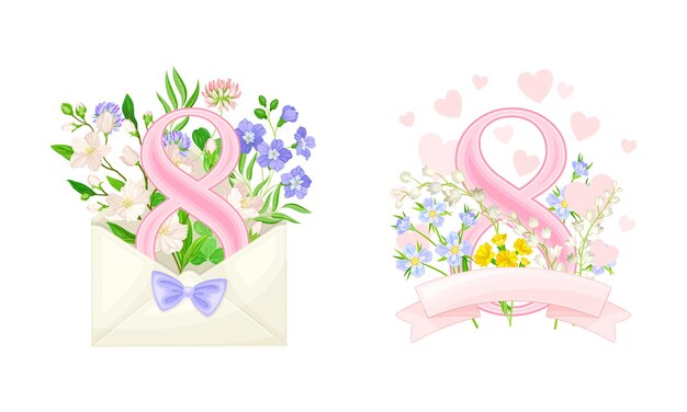 Set de diseño de tarjetas para el Día Internacional de la Mujer del 8 de marzo Número rosa 8 con ilustraciones vectoriales de flores silvestres de primavera