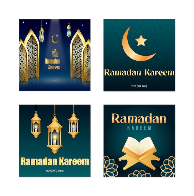 Set de diseños de Ramadan Kareem o diseños de invitaciones con linternas islámicas estrellas y luna en oro