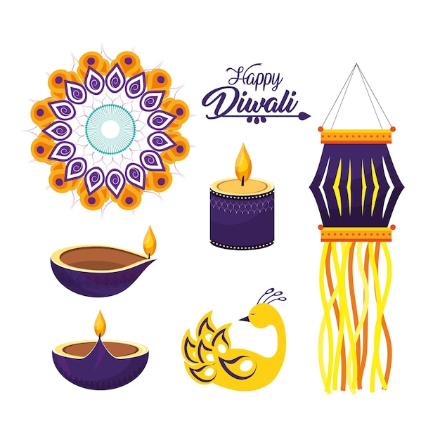 Vector set diwali hindu festival decoracion cultura