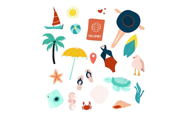 Set de Doodle de vacaciones de verano a la orilla del mar Clipart vectorial dibujado a mano para diseños de playa y viajes