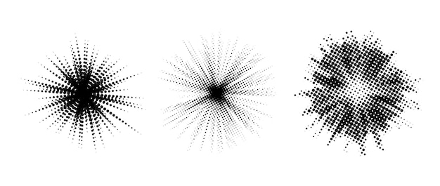 Set de elementos de explosión de medio tono Colección de explosión punteada de arte pop Estrella de luz negra con grunge