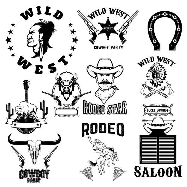 Set de emblemas del Salvaje Oeste Nativos americanos Saloon Música country Fiesta de vaqueros Ilustración vectorial