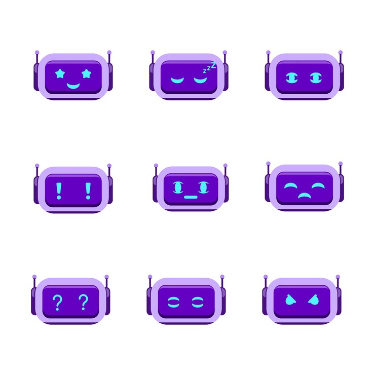 Vector set de emociones del robot avatar del chatbot cabeza del personaje del chatbot con diferentes sentimientos asistente digital