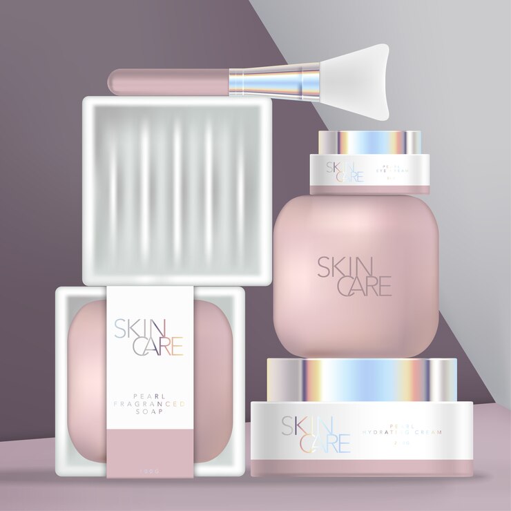 Set de empaque holográfico de belleza o baño con jabón, plato de cerámica, espátula y tarros con tapón de rosca