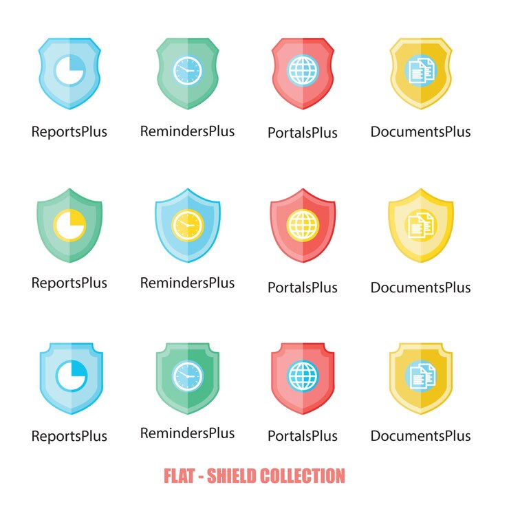 Set de escudos de colores en diseño plano