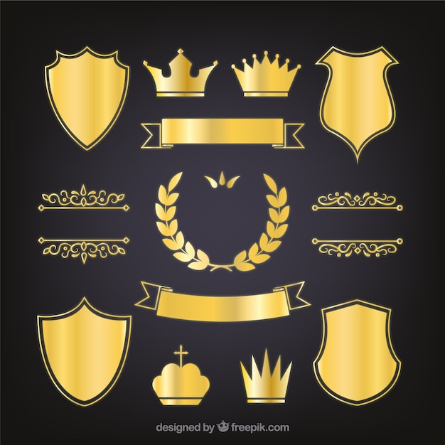 Vector set de escudos heráldicos dorados elegantes