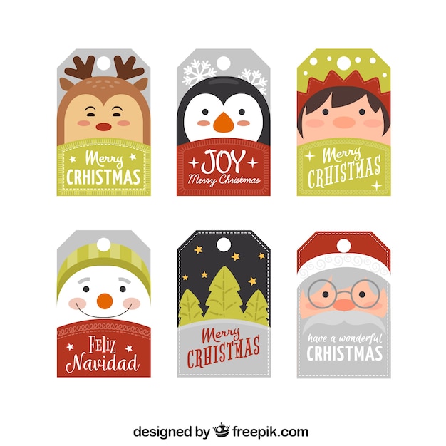 Vector set de etiquetas con personajes navideños