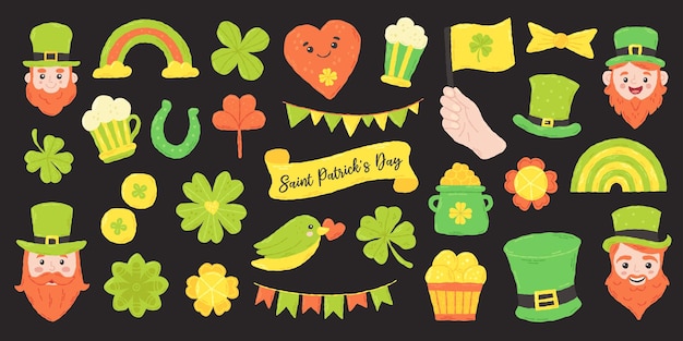 Set festivo para el día de San Patricio Elementos de dibujos animados planos dibujados a mano Ilustración vectorial