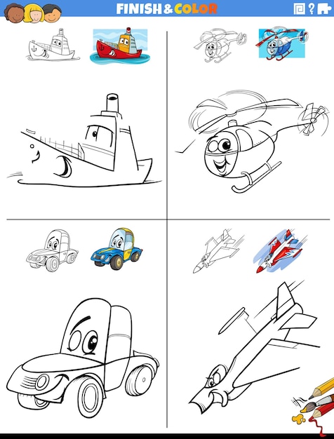 Set de fichas para dibujar y colorear con vehículos cómicos