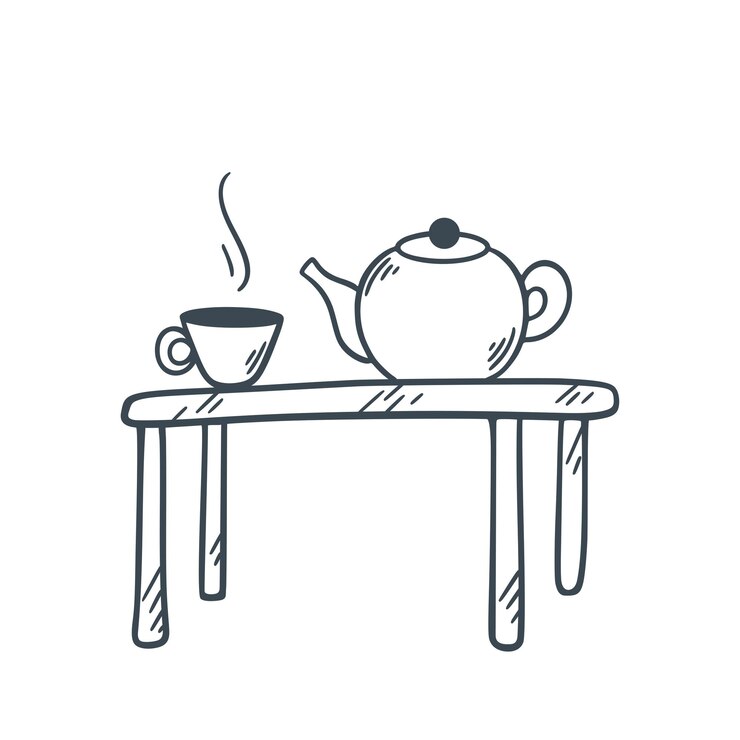 Set de fiesta de té dibujado a mano, taza de té con tetera en la mesa, estilo de boceto de tinta y garabateo