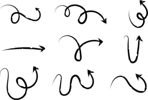 Set de flechas curvas negras dibujadas a mano Swirl and Loop Doodle flechas con fondo transparente