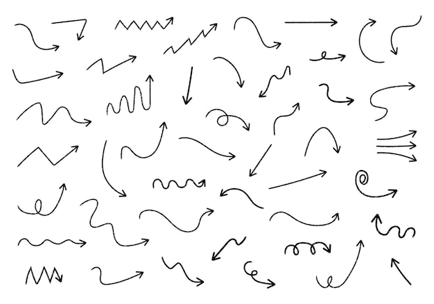 Set de flechas dibujadas a mano Iconos de marcas de flecha Ilustración vectorial aislada en fondo blanco
