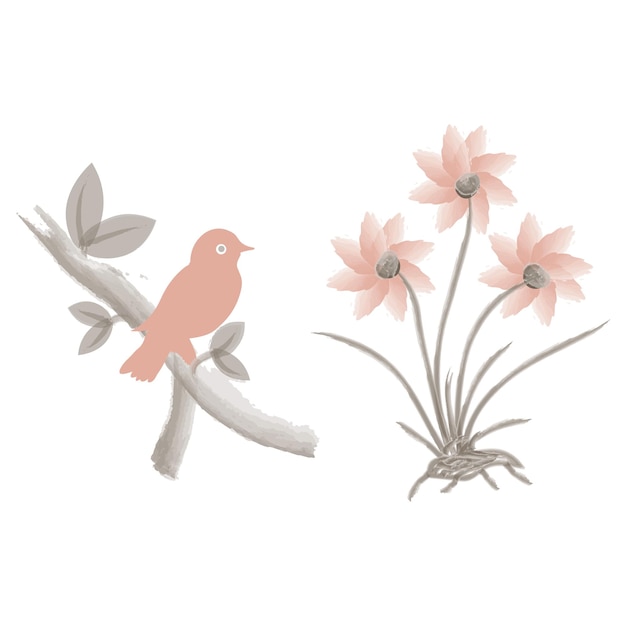 Set de flores y pájaros de acuarela Ilustración aislada dibujada a mano Fondo de arte botánico