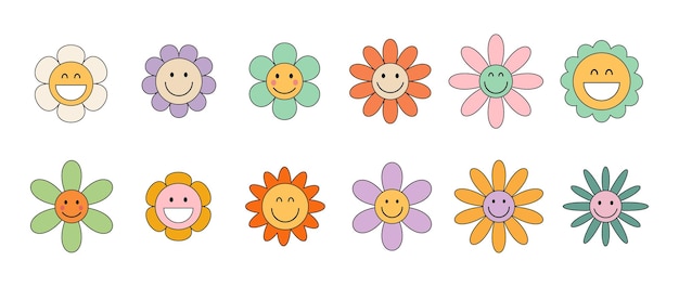 Set de flores retro groovy Set de flores de dibujos animados con diferentes caras Flores hippie