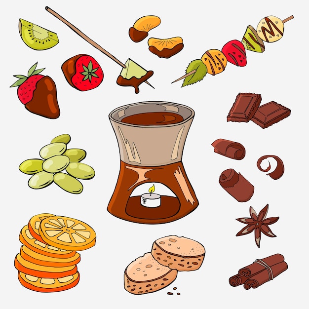 Vector set para fondue de chocolate con frutas y bayas. postre, trozos de fruta y chocolate. ilustración vectorial.