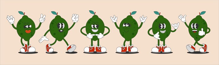 Set de frutas de limón de verano Una colección de personajes de dibujos animados brillantes y alegres de los años 80 90