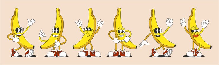 Set de frutas de plátano de verano Una colección de personajes de dibujos animados brillantes y alegres de los años 80 90