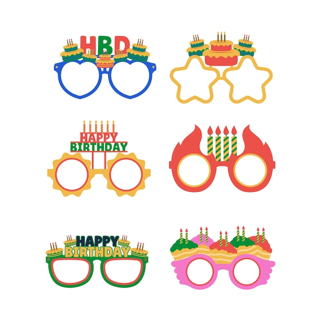 Set de gafas de cumpleaños felices Ilustración de dibujos animados de icono plano