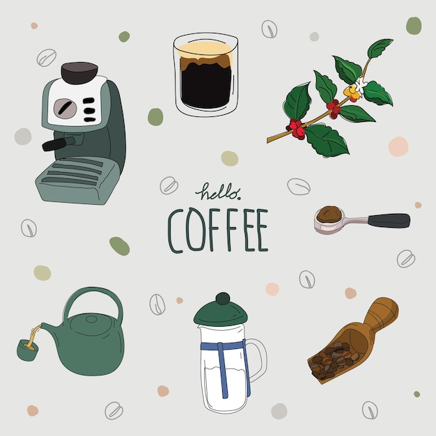 Vector set de garabatos dibujados a mano en una cafetería ilustración vectorial