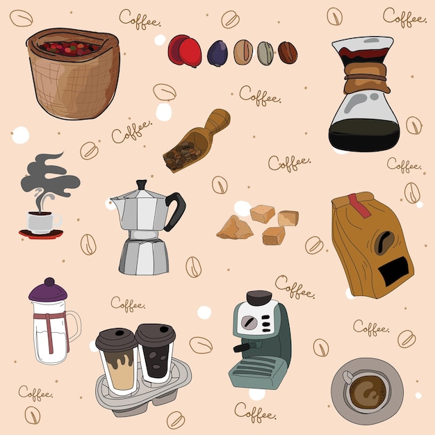 Set de garabatos dibujados a mano en una cafetería Ilustración vectorial