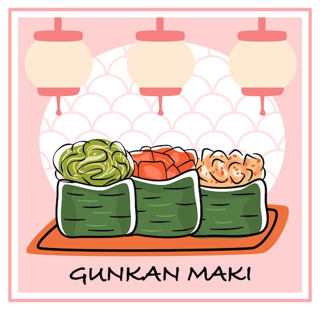 Set de gunkan maki sushi con diferentes rellenos (chuka, vieira, atún) al más puro estilo japonés.