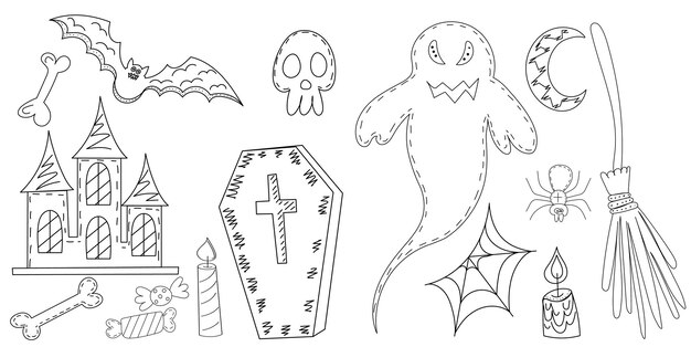 Set para halloween doodle iconos bosquejo vector de contorno