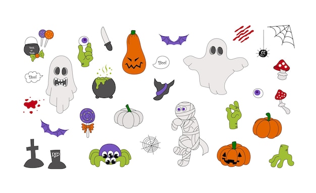 Set de Halloween con monstruos groovy personajes en el estilo y2k calabaza caramelo fantasma araña zombi