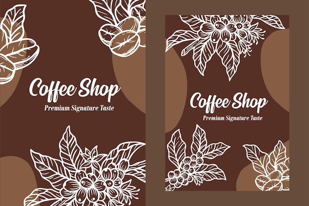Set Hand Drawn Coffee Shop Beans Cup con ilustración de fondo de rama