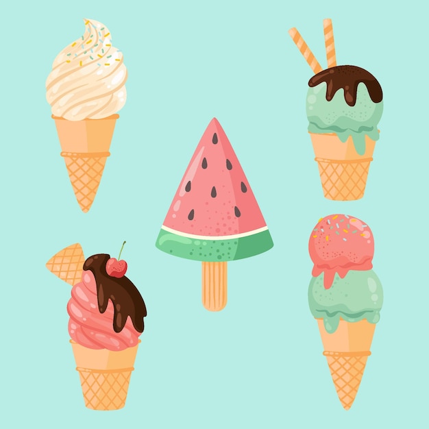 Vector set de helado refrescante dibujado a mano