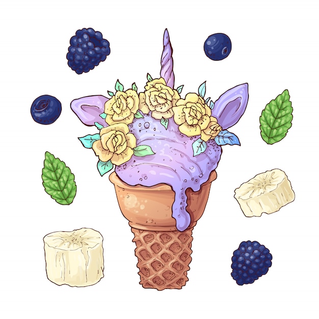 Vector set helado unicornio blackberry banana