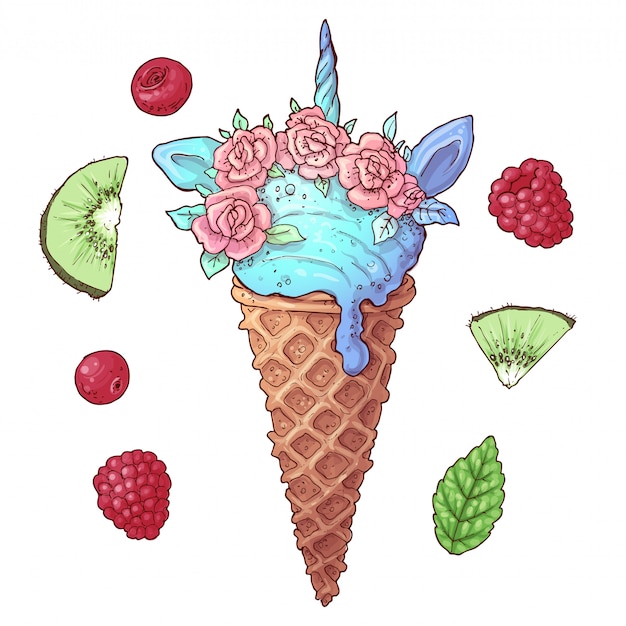 Set helado unicornio kiwi frambuesa