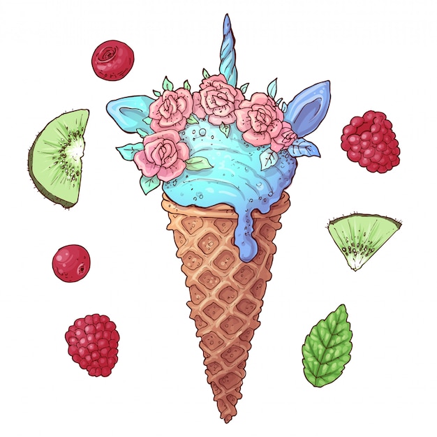 Vector set helado unicornio kiwi frambuesa