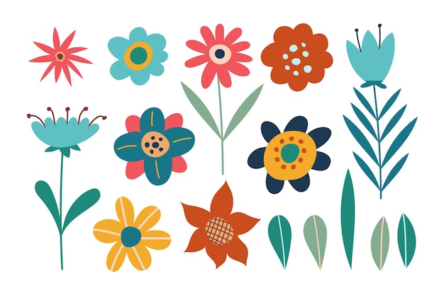 Set de hermosas flores de primavera Flores y hojas de colores Ilustración vectorial de dibujo a mano para fondo de tarjeta de impresión de cartel