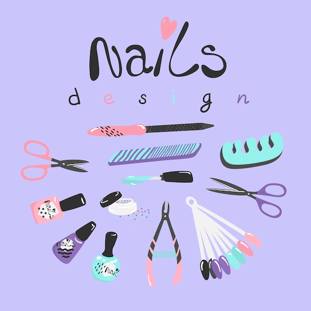 Set con herramientas de accesorios de manicura Diseño a mano Tijeras Paleta de esmalte de uñas Muestras de purpurina