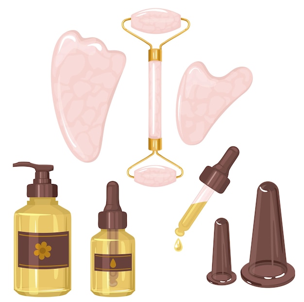 Set de herramientas para masaje gouache, latas de vacío y aceite para automasaje. ilustración de color vectorial, dibujado a mano. vector