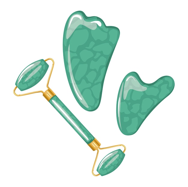 Set de herramientas para masaje Gua Sha, para auto-masaje. Ilustración de color vectorial, dibujado a mano.