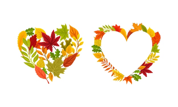 Set de hojas coloridas de otoño en forma de corazón Diseño de invitación de carteles de cartel de pancarta Ilustración vectorial