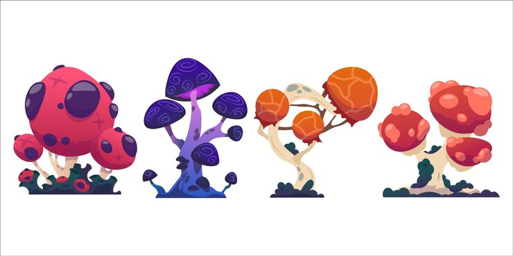 Vector set de hongos de fantasía colección de hongos mágicos psicodélicos inusuales elemento de naturaleza místico tóxico elemento de naturaleza fantástico resplandeciente elemento aislado flora loca vector de dibujos animados ilustración botánica