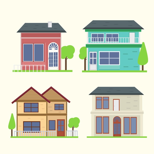 Set Houses exterior vector ilustración vista frontal con techo Modern Home