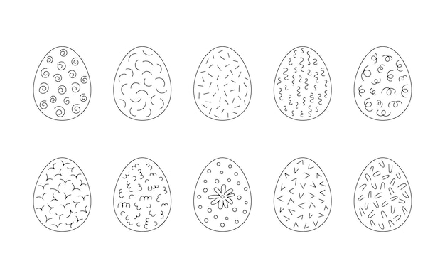 Set de huevos de Pascua decorados en línea Huevo en estilo plano dibujado a mano Vector