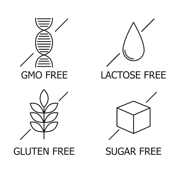 Set de iconos sin alérgenos. Stickers redondos con símbolos de intolerancia alimentaria para packaging de productos. Vector