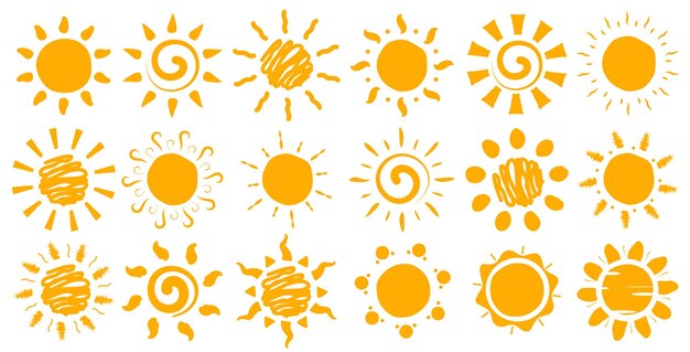Set de iconos de clipart de dibujo de sol Sol amarillo en el dibujo y la colección de símbolos de clip art dibujados a mano