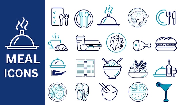 Set de iconos de comidas Almuerzo comer cena pasta pierna pice arroz y más Ilustración vectorial