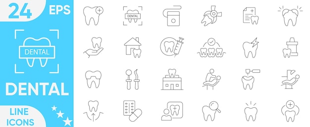 Set de iconos dentales que contiene dentista dentista implante dental aparatos ortopédicos implante dentales clínica pasta dental odontología cepillo de dientes implante dental y más Set de vectores e ilustradores