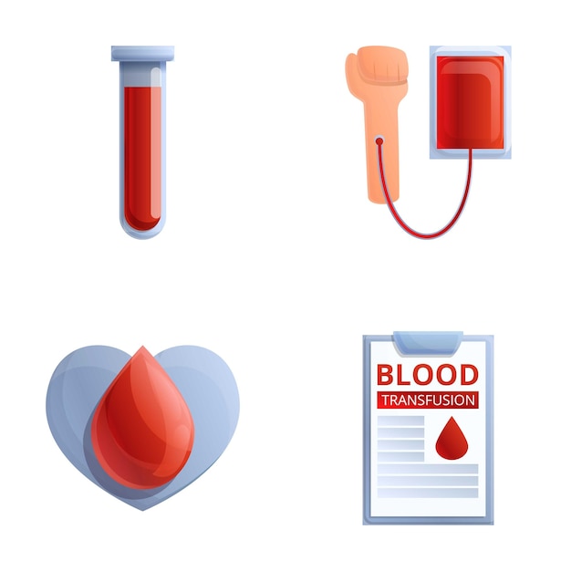 Set de iconos del día del donante vector de dibujos animados Mano humana y bolsa de sangre médica Concepto de medicina y atención médica