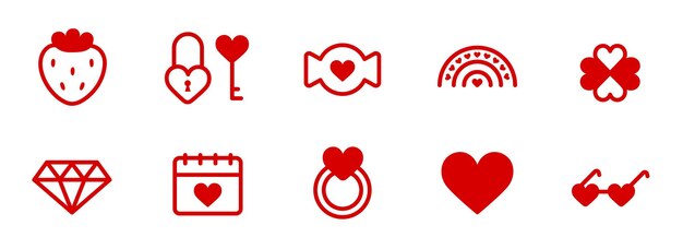 Set de iconos del Día de San Valentín Adhesivos de línea con conceptos de amor, romance, vacaciones, aniversario de boda