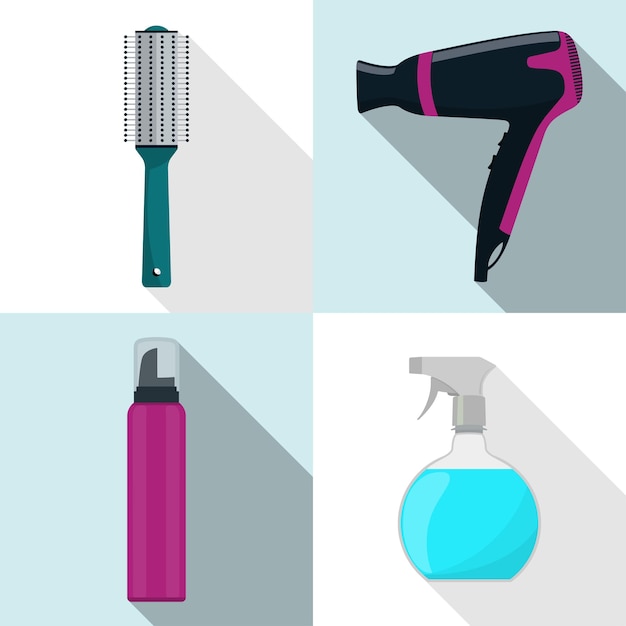 Vector set de iconos de herramientas de peluquería secador de pelo cepillo de pelo spray mousse profesión símbolos de peluquería